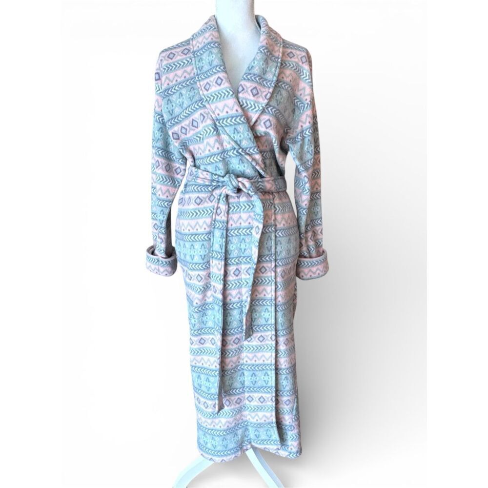 VICTORIA'S SECRET Gold Label Fleece Robe Aztec Print Pink Mint Blue Long Wrap Ro